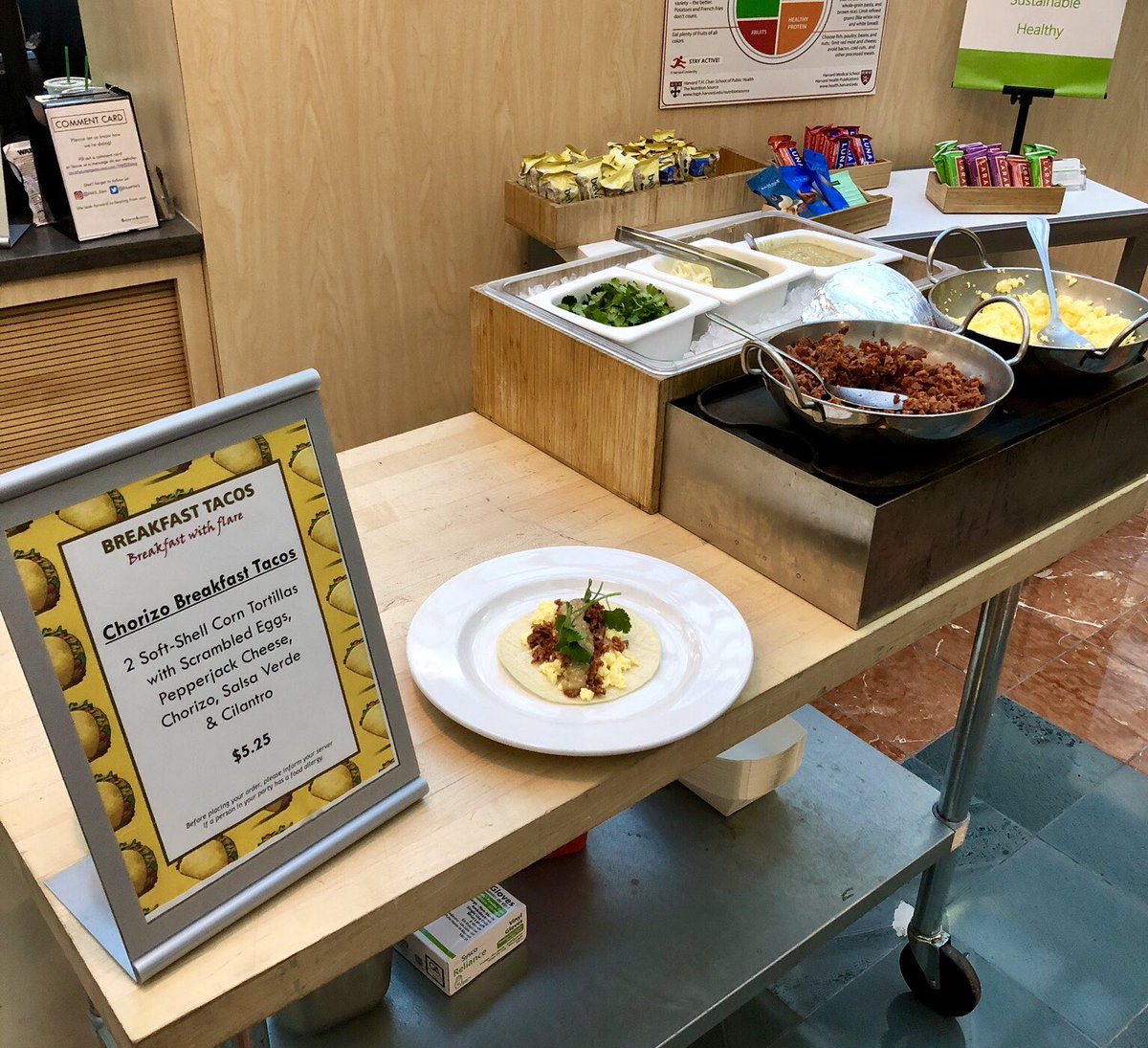 Come to our #Breakfast #ChefsTable at #CourtyardCafe and enjoy craft Chorizo Breakfast Tacos! 
Soft shell corn tortillas, scrambled eggs, pepper jack cheese, chorizo, salsa verde and cilantro 🤗🌮😍