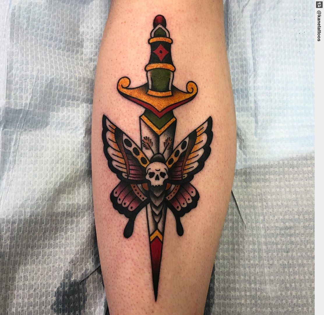Tattoo Ness on X: "Dagger and moth on the shin for Stephanie! #tattooartist #tattoo #inked #ink #tattooart #tattoos #tattoodesign https://t.co/MUoYCsd0Yy" / X
