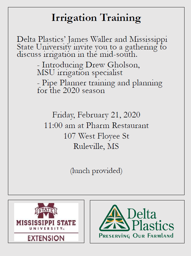DMGholson's tweet photo. Another chance for irrigation practices/Pipe Planner training and planning for the 2020 season. Come see us in Ruleville on Friday! #MSUext #irrigation #pipeplanner https://t.co/vQQUsVprtt