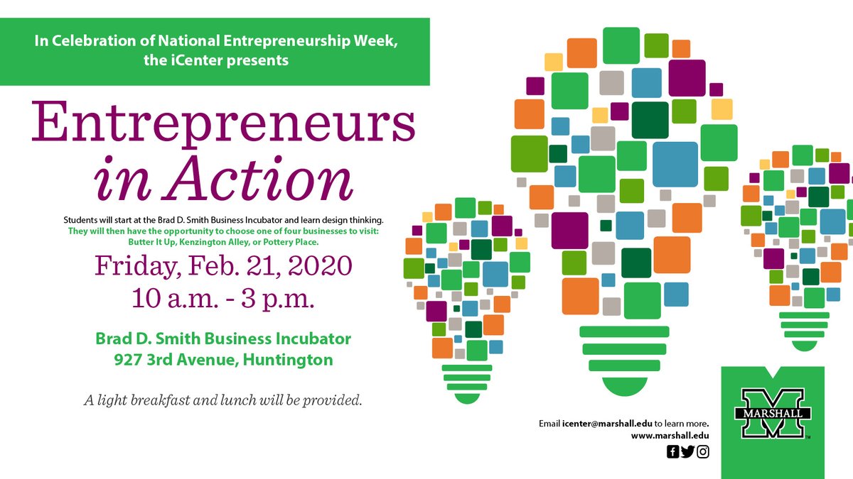 @marshallu students! Interested in networking with local entrepreneurs and learning about how to start a business? Want to learn design thinking and apply it to a problem to help local businesses thrive? Join us for Entrepreneurs in Action this Friday! eventbrite.com/e/entrepreneur…
