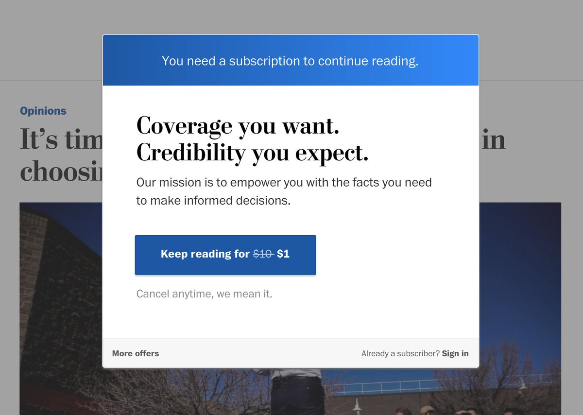 "You need a subscription to continue reading. Coverage you want. Credibility you expect. Our mission is to empower you with the facts you need to make informed decisions." over the elitism op-ed