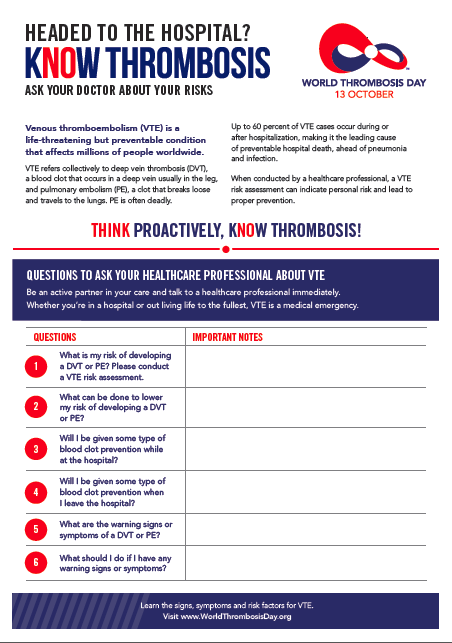 thrombosisday's tweet photo. If you or a loved one is going to the hospital, it's important to #ThinkVTE! Being in the hospital is an increased risk for having a #bloodclot, so talk to your doctor about your or your loved one's risk. 🏥
Bring the #WTDay20 VTE Checklist & ask these questions. 👇 https://t.co/frBr4SEAmM