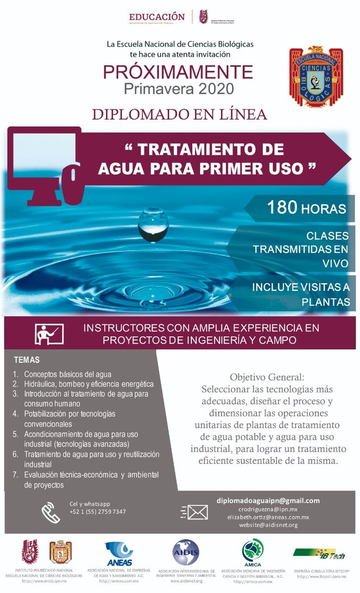 IBTechMx's tweet image. La ENCB-IPN, ANEAS, AIDIS, AMICA e IBTech®, los invitan a cursar próximamente el Diplomado "Tratamiento de agua para primer uso". El diplomado será en línea, transmisión en vivo con duración de 180 horas.

Instructores con amplia experiencia práctica; incluye visitas a Plantas.