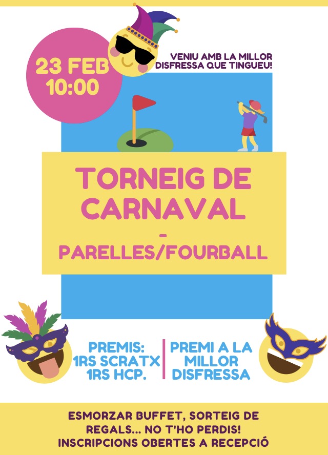 Pitchlleida's tweet photo. Carnaval, carnavaal...! 💃
Aquest diumenge 23/02 vine al club a celebrar de la millor manera el carnaval:
🏅Premis millor PARELLA Scratch i Hcp
🎭Premi a la millor disfressa
🎁🍽Sorteig de regals i esmorzar buffet per tots els participants

Inscricpcions obertes a recepció. 🏌️‍♂️ https://t.co/SphBTGRQq1