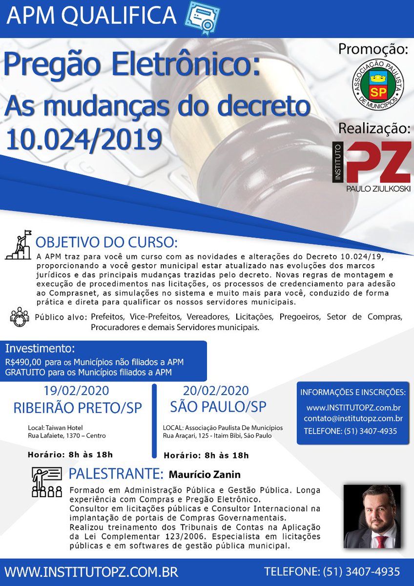 apaulistasp's tweet image. APM QUALIFICA:  Últimas vagas para o curso: Pregão Eletrônico: As mudanças do decreto 10.024/2019. O evento será realizado na sede da APM em  São Paulo, Não perca! Informações: institutopz.com.br

#apmqualifica #apmsp #ipz