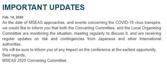 MSEAS_net's tweet photo. @anaturalstate Dear @anaturalstate, arrangements for #MSEAS2020 are proceeding as planned.👍 We will be sure to inform everyone, should there be any changes in plans. We are looking forward to welcoming you to Yokohama! https://t.co/HDCThgRPc9 https://t.co/asEvSwFQBQ