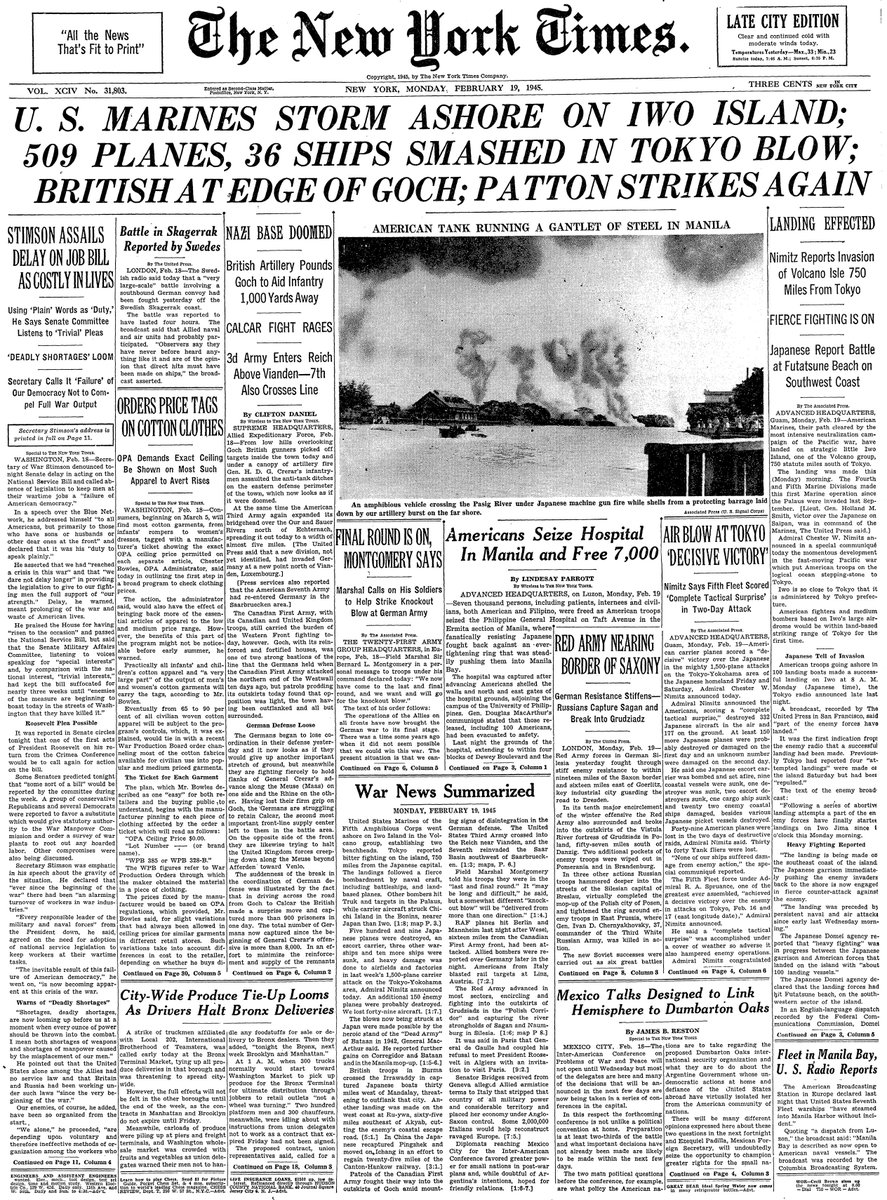 Feb. 19, 1945: U.S. Marines Storm Ashore On Iwo Island; 509 Planes, 36 Ships Smashed In Tokyo Blow; British At Edge of Goch; Patton Strikes Again  https://nyti.ms/2HBYYGD 