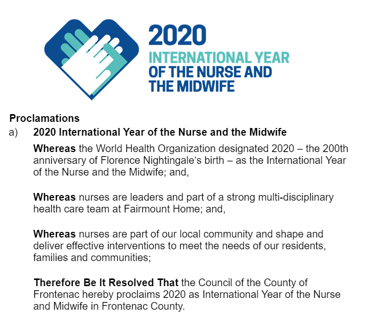 FrontenacCounty's tweet photo. Council starts with proclaiming 2020 as International Year of the Nurse and Midwife in Frontenac County
#SupportNursesAndMidwives #Nurses2020 #midwives2020
#FrontCnl https://t.co/Yw0EmbakdO