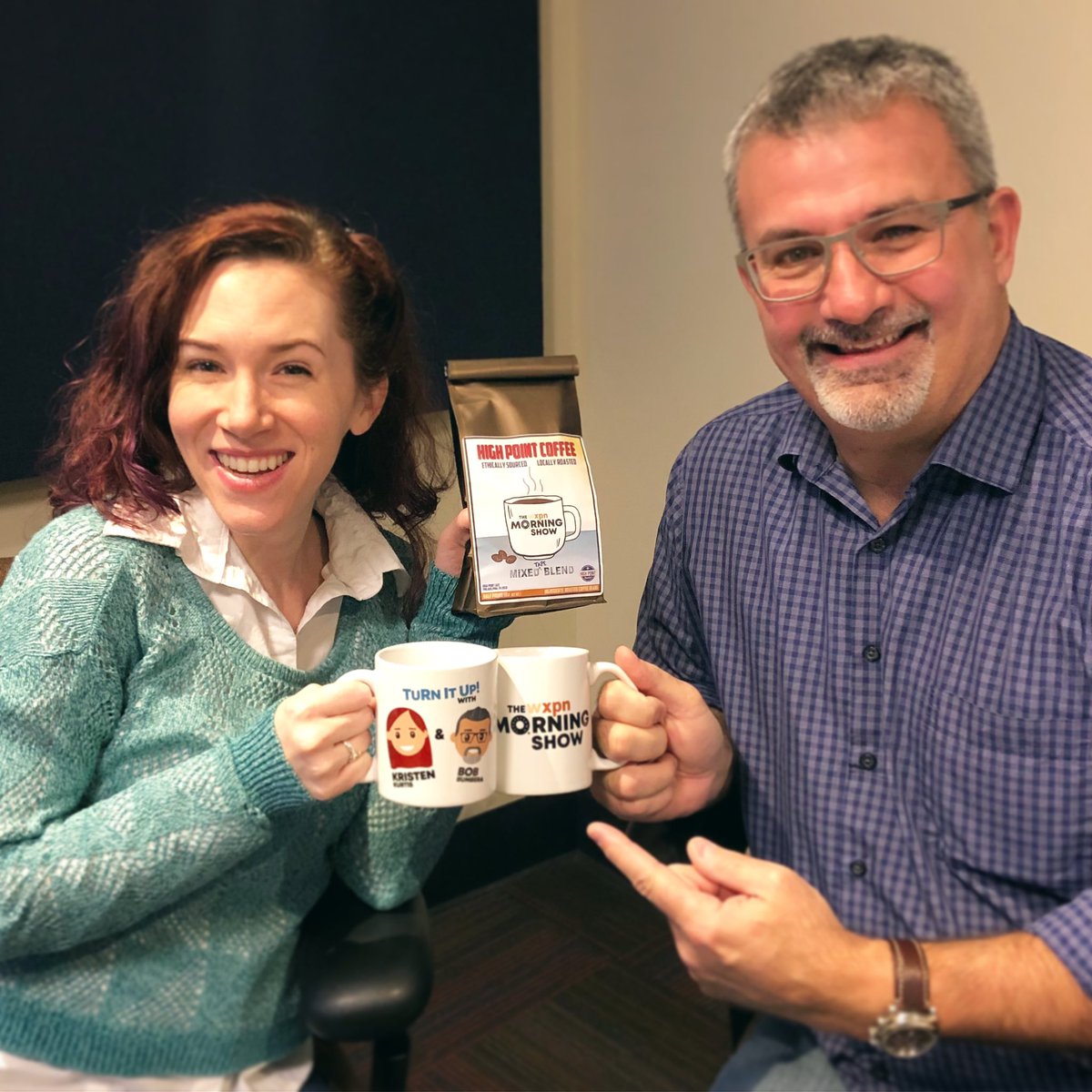 wxpnfm's tweet image. The best part of waking up... is Kristen and Bob on your cup! Get yours today with a bag of @xpnmorningshow Mixed (Tape) Blend from High Point Coffee. wx.pn/fbdonate