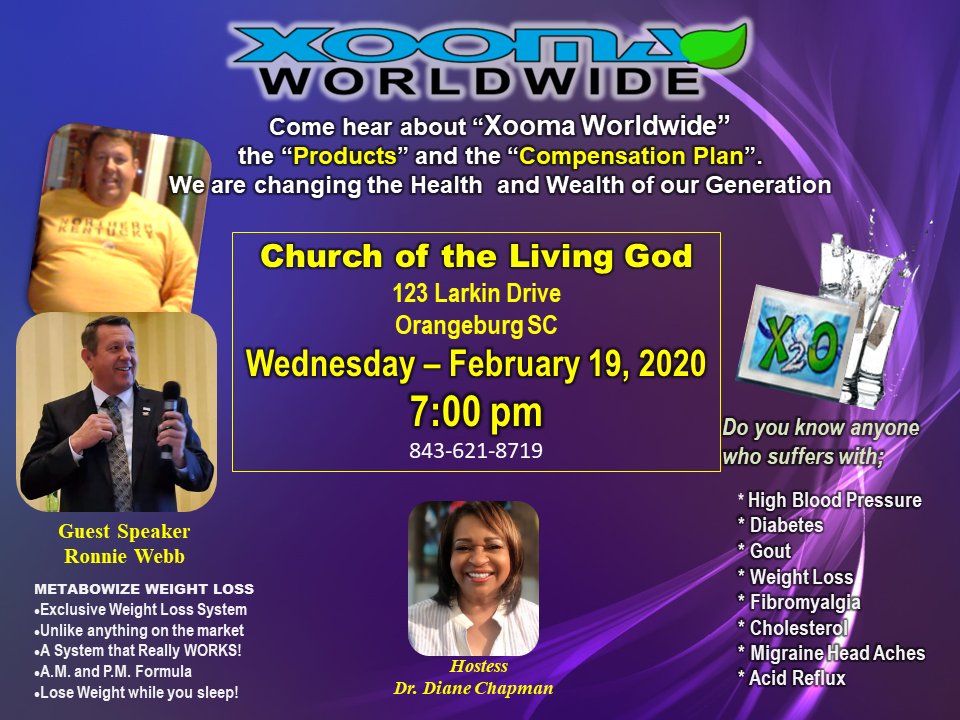 XoomaCorporate's tweet photo. Who do you know in Orangeburg, SC that might be interested? Check this out tonight (2/19/2020) #Xooma Executive Vice President Ronnie Webb will be there!
#weightloss #businessopportunity #healthandwealth #wellness #Metabowize #fibromyalgia #cholesterol #highbloodpressure https://t.co/jlHd7u8FYZ