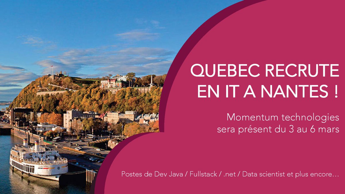 Externatic's tweet photo. Un job IT Ă #QuĂ©bec ? + de 2ans dâexpĂ©rience dev #datascientist #.net #Java ? Lâentreprise quĂ©bĂ©coise #MomentumTechnologies est en France pour des postes Ă QuĂ©bec. Rencontre Ă #Paris le 3/03 & #Nantes les 4-5-6/03. Envoie ton cv Ă #Externatic drh@externatic.fr
#Travaillerà Québec https://t.co/GoEPCbdeVU