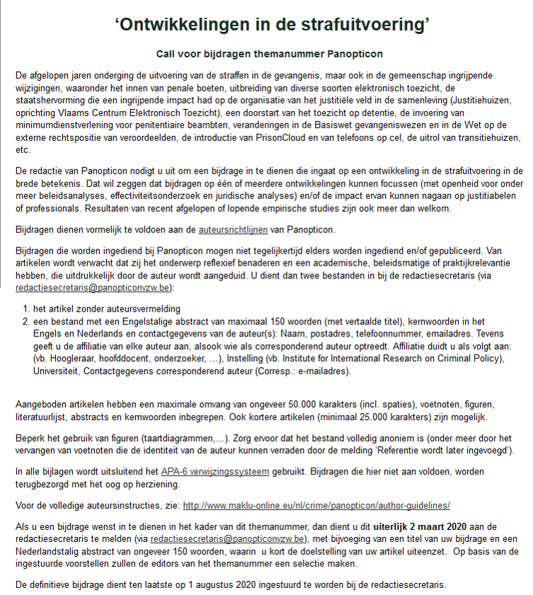eurocriminology's tweet photo. Call for papers #Panopticon 'Ontwikkelingen in de strafuitvoering' ; deadline insturen abstracts: 2 maart 2020 - meer info https://t.co/4u9iqhK3XP https://t.co/9Ux1G7j45w