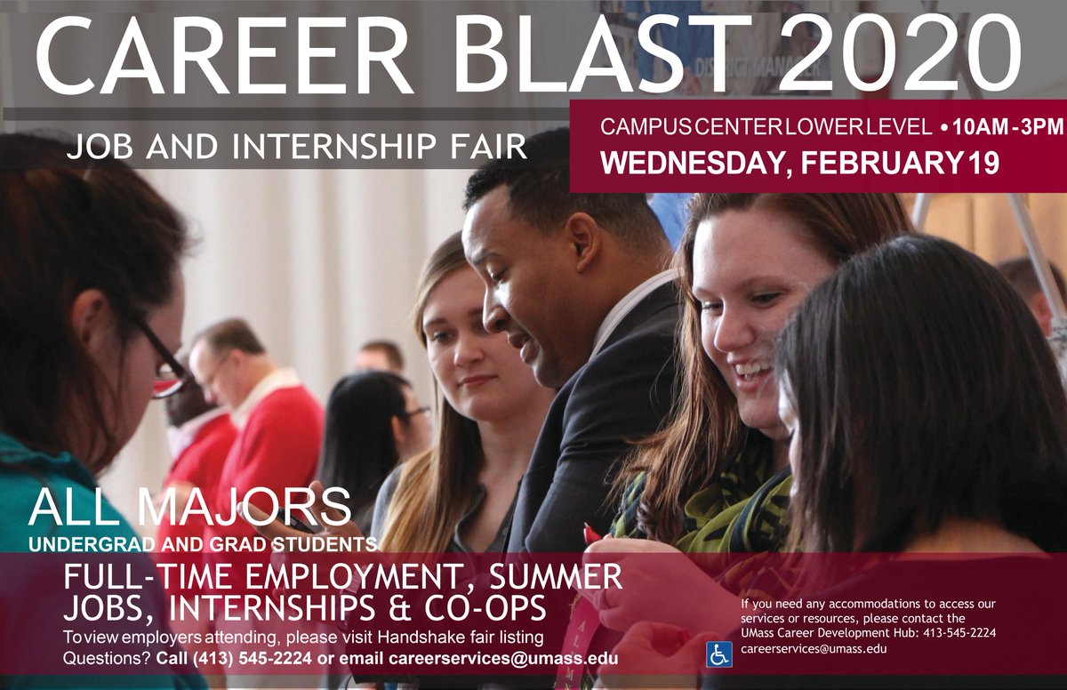 UMass Amherst (@umassamherst) on Twitter photo Today: Check out the Career Blast Job and Internship Fair in the Campus Center from 10 a.m. - 3 p.m. and learn more about available summer jobs, full-time employment, co-ops, and more! Today: Check out the Career Blast Job and Internship Fair in the Campus Center from 10 a.m. - 3 p.m. and learn more about available summer jobs, full-time employment, co-ops, and more!