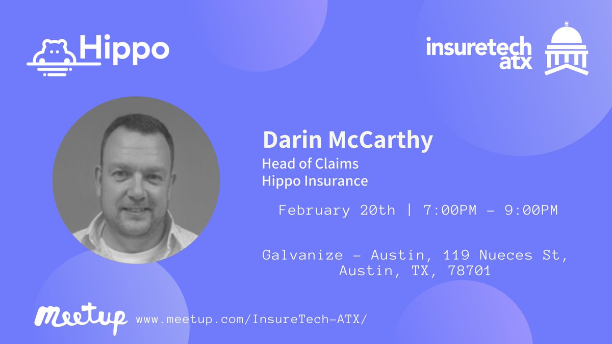 InsureTechATX's tweet image. InsureTechATX Meetup tomorrow with Darin McCarthy- Head of Claims @hippo_insurance 🦛 

Can’t miss it!
Join us- meetup.com/InsureTech-ATX…