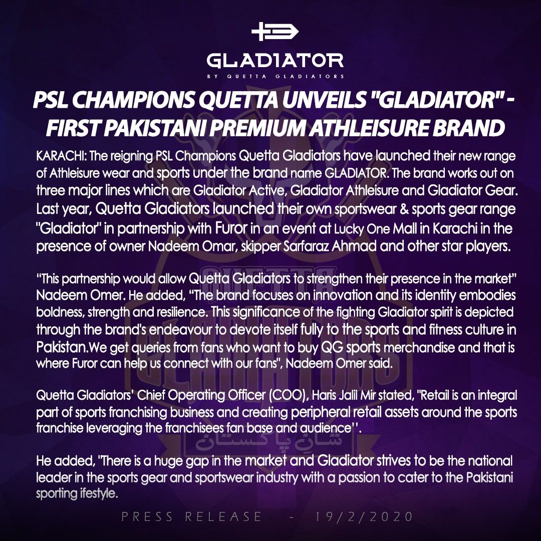 TeamQuetta's tweet photo. PSL Champions Quetta Gladiators Unveils "GLADIATOR" - First Pakistani Premium Athleisure Brand in partnership with Furor. 

#WeTheGladiators #PurpleForce #ShanePakistan #GladiatorByQG #sportswear #futureisnow https://t.co/6ogobFTCAJ