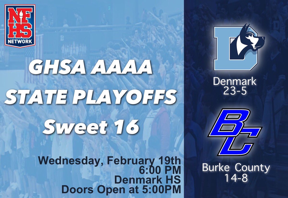 🚨🚨GAMEDAY🚨🚨
Sweet 16 Matchup!
#EarnTheRight #PackTheGym

🆚: Burke County
⏰: 6:00pm
📍: Denmark High School
Theme: JERSEY OUT

@HsDenmark @denmarkdanes @DenmarkHS @DanesClub @DenmarkFootbal1 @DenmarkTrack @DenmarkHoops @DenmarkCheer @ForsythSports