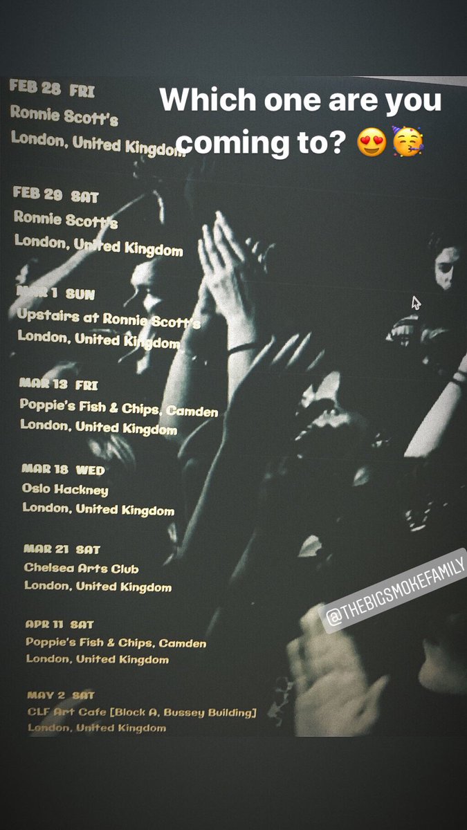 The Big Smoke Family (@bigsmokefamily) on Twitter photo We’re all over the place in the next few weeks hope to see you at <a href="/officialronnies/">Ronnie Scott's Jazz Club</a> <a href="/OsloHackney/">Oslo Hackney</a> <a href="/clfartcafe/">CLF Art Cafe</a> <a href="/chelseaartsclub/">Chelsea Arts Club</a> <a href="/popsfishnchips/">Poppies Fish & Chips</a> 🥳🥳🥳 #neworleansfunk #thebigsmokefamily #funkband #londonmusic We’re all over the place in the next few weeks hope to see you at <a href="/officialronnies/">Ronnie Scott's Jazz Club</a> <a href="/OsloHackney/">Oslo Hackney</a> <a href="/clfartcafe/">CLF Art Cafe</a> <a href="/chelseaartsclub/">Chelsea Arts Club</a> <a href="/popsfishnchips/">Poppies Fish & Chips</a> 🥳🥳🥳 #neworleansfunk #thebigsmokefamily #funkband #londonmusic