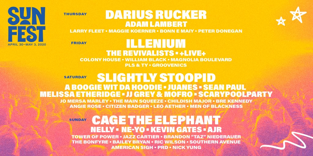 SunFestFL's tweet photo. The wait is over... Here's the 2020 lineup! Make plans now for all memories. Ticket prices increase soon. See you all at #SunFestFL. 🎫: https://t.co/bsw1JwP5Sj https://t.co/QvyxdJ6TlT