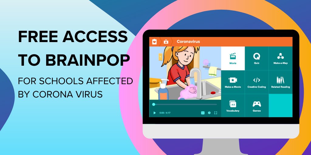 brainpop's tweet photo. Do you know a school that’s closed due to the #coronavirus? We want to help. Support distance learning and keep students on track with their studies by applying for FREE, unlimited access to BrainPOP. Learn more: https://t.co/r7dtFlaaCE 

#disted #onlinelearning #edchat https://t.co/outUl5zcCx