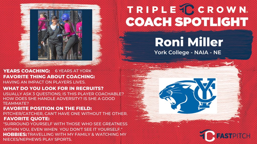 tc_collegecoach's tweet photo. This week's #CoachSpolight is Coach Roni Miller from @ycathletics! She has been the HC for the past 6 seasons. She contributes a lot at TC events, we can only imagine what she does on the dirt! We love you, Coach Miller! 🥎🥎#WednesdayWisdom #WednesdayVibes #WednesdayThoughts https://t.co/8UR4Cem8Oc