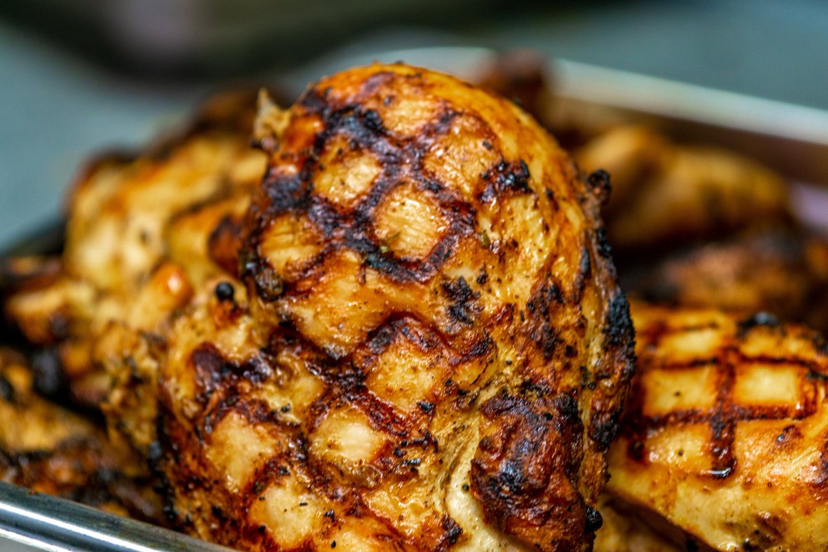 Our grilled blackened chicken is lean, prepared simply and packed with flavor. It's clear of all antibiotics (NAE), hormones and steroids. All of our chickens are fed a strict all-vegetarian diet. Trust us, its the good stuff.