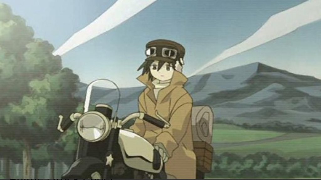 Kino's Journey. Kino, a possibly agender or n-b traveller, visits different countries to learn about their history and customs, witnessing strange, often tragic events that they then reflect upon with their talking motorcycle Hermes. Strangely profound and quietly haunting.