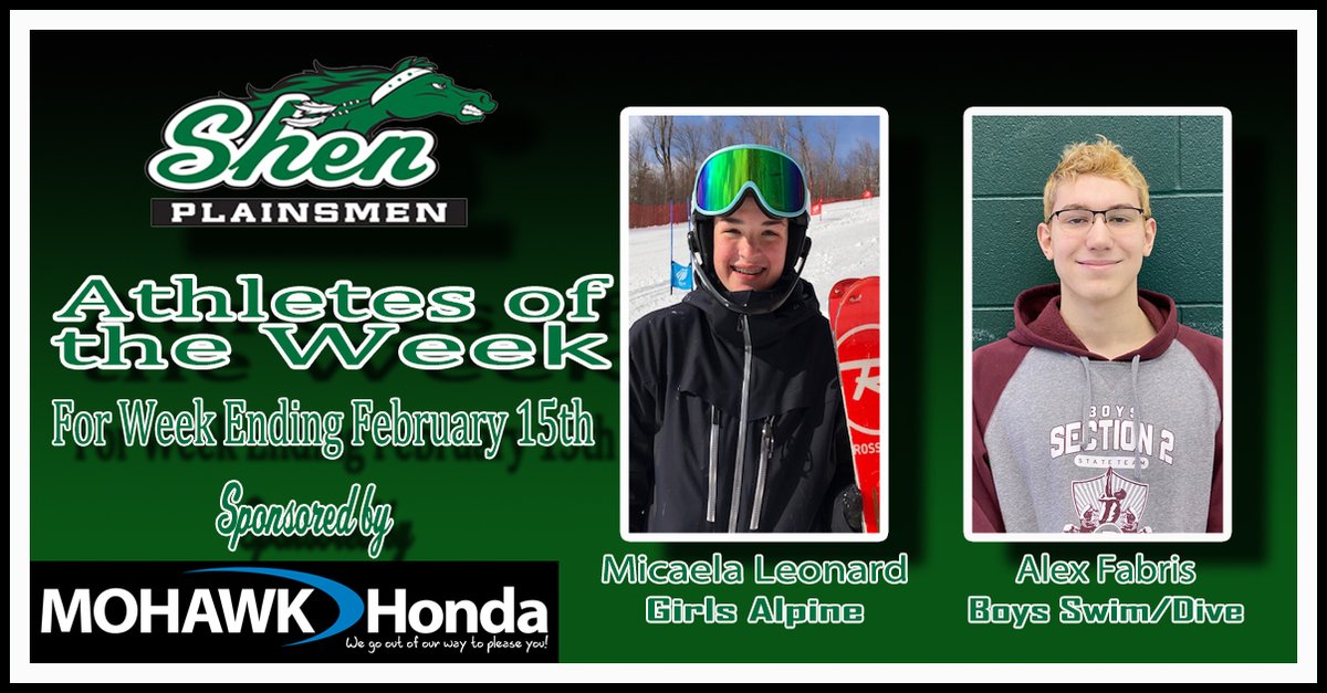 ShenAthletics's tweet photo. Congrats Micaela &amp; Alex - Athletes of the Week! Micaela won the Section 2 Championship in Girls Alpine Skiing and Alex won 4 Section 2 titles (2 relays/2 individual titles) and was voted most outstanding swimmer at Section 2 Swim/Dive Championships! Great job Micaela and Alex! https://t.co/GRzengJbRm