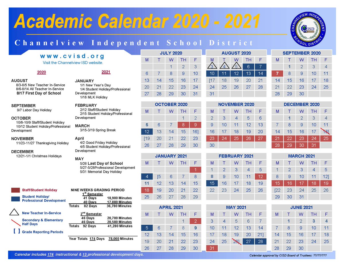 ChannelviewISD's tweet photo. The Channelview Independent School District Board of Trustees approved the 2020-2021 Academic Calendar at the February Board meeting.  The first day of school is August 17, 2020. https://t.co/thCiNF671C