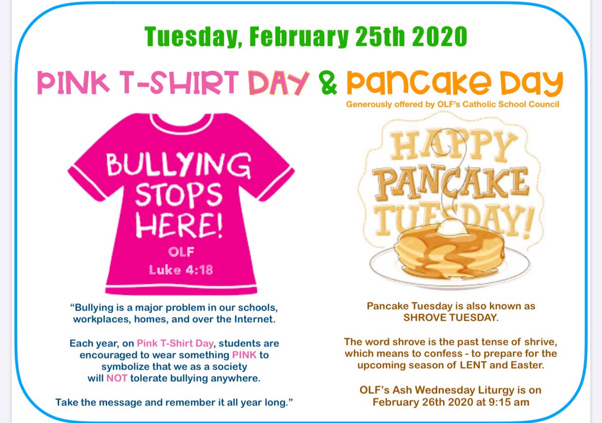 olf_ycdsb's tweet photo. We are very excited about our Shrove Tuesday Breakfast. Thank you Catholic School Council for all that you do! Please don’t forget to wear something pink in support of Bullying Awareness. #Luke418 #ParentsMakeADifference #StopBullying @abfalconi @OpiyoOloya https://t.co/O2ycOtR3te
