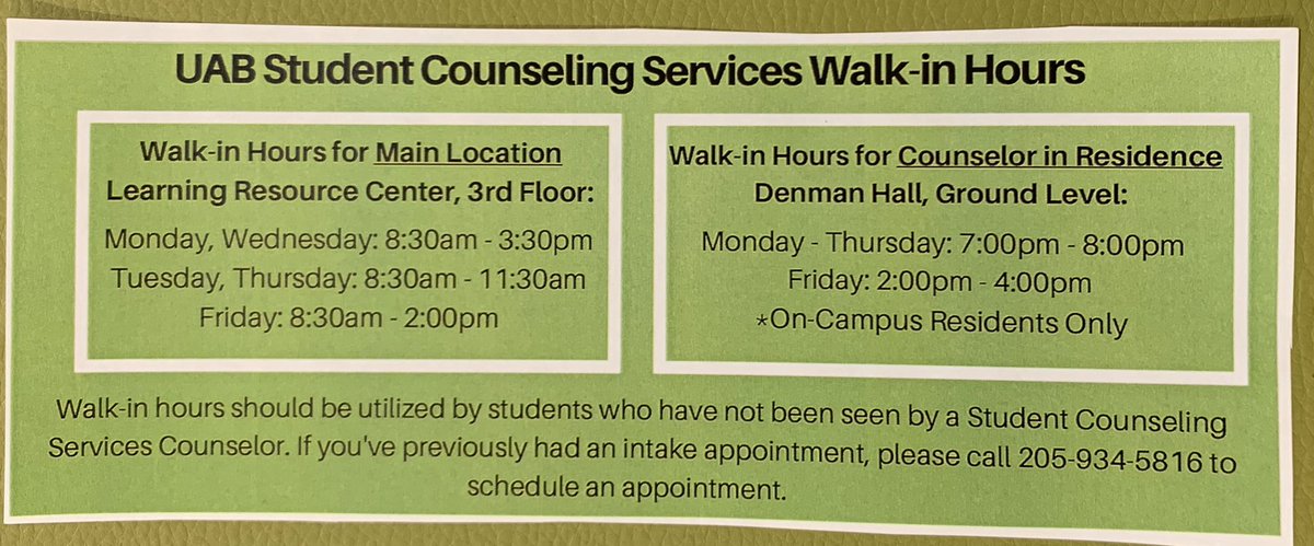 GROWUAB's tweet photo. Did you know that counseling services has Walk-in-hours? No appointment needed! If you have not utilized this service but would like to talk to one of UABs trained counselors see walk in hours below.  #MentalHealthMatters @uab_gsg @UABgradschool @ https://t.co/jMUjxpj1hn