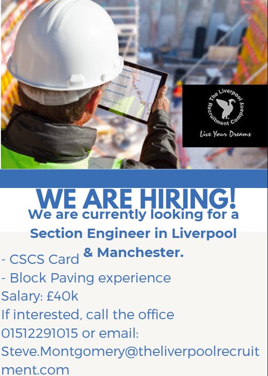 We are looking for a Section Engineer to man team of Circa 20 persons that are completing mainly Block paving, kerbing and Flagging across the North West. Salary is £40k per annum (up for negotiation dependent on experience For more inform on interviews please call 07885810413
