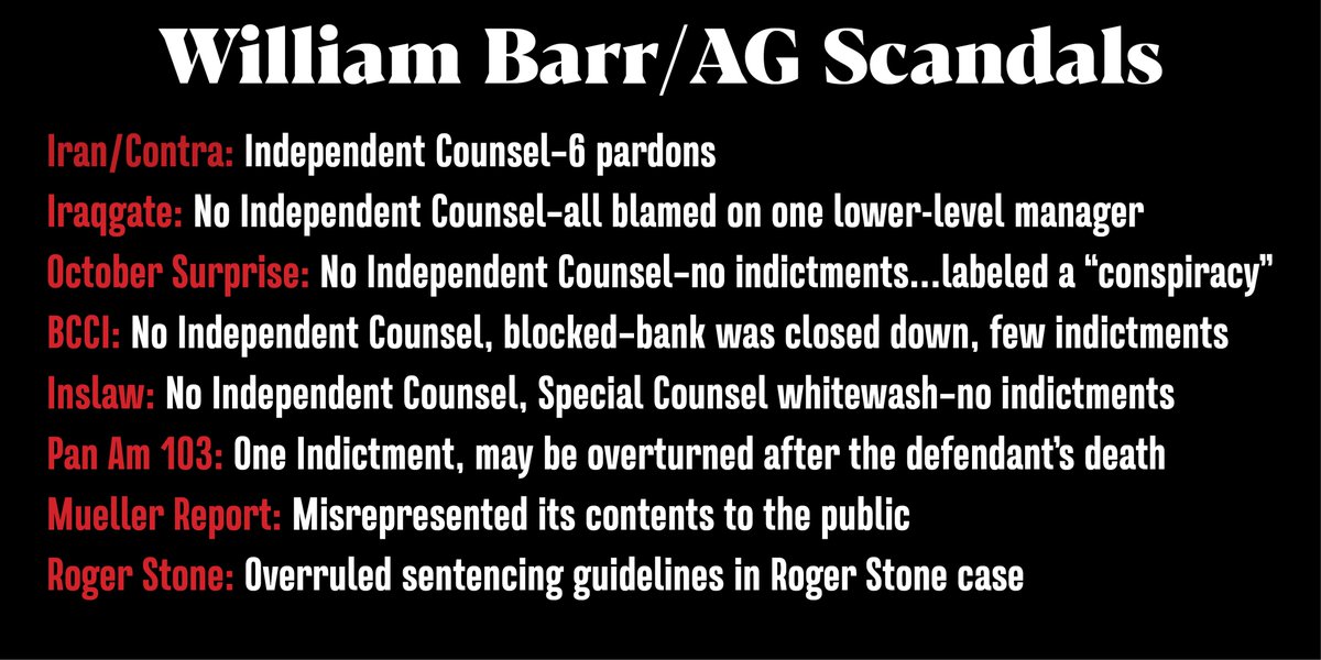 During Bush’s tenure at the White House, Barr was nicknamed the “Cover-up General” by iconic New York Times journalist William Safire. He allegedly covered up for at least five scandals during that time period: Iran/Contra, Iraqgate or the BNL scandal, BCCI and Inslaw. 10/