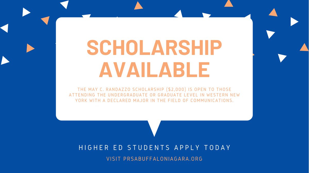 Attention college students! Applications are open for the May C. Randazzo scholarship! We will be awarding one scholarship, valued at $2,000, to an undergraduate or graduate level comm student in WNY. #PRSSA

Apply by May 31 here: bit.ly/2Pnc7YH