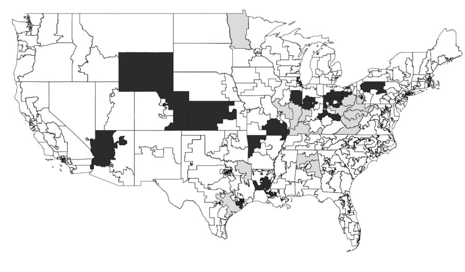 For example, in 1993, President Clinton quietly discussed a carbon tax. Both Democratic and Republican congressional representatives wrote to him urgently opposing the idea. Here is a map of who signed the letter shaded by Republicans (black) and Democrats (gray). 6/