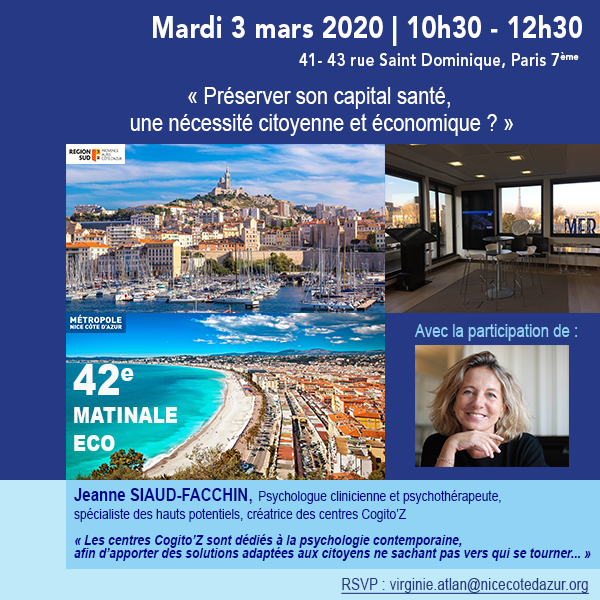 42e #MatinaleEco dédiée à la #santé : <a href="/JSiaudFacchin/">Jeanne Siaud-Facchin</a>, #psychologue clinicienne et #psychothérapeute nous présentera Cogito'Z et nous parlera des personnes à hauts potentiels. Pour en savoir plus ➡️ bit.ly/2uYrLm8 et pour s'inscrire 👉 virginie.atlan@nicecotedazur.org