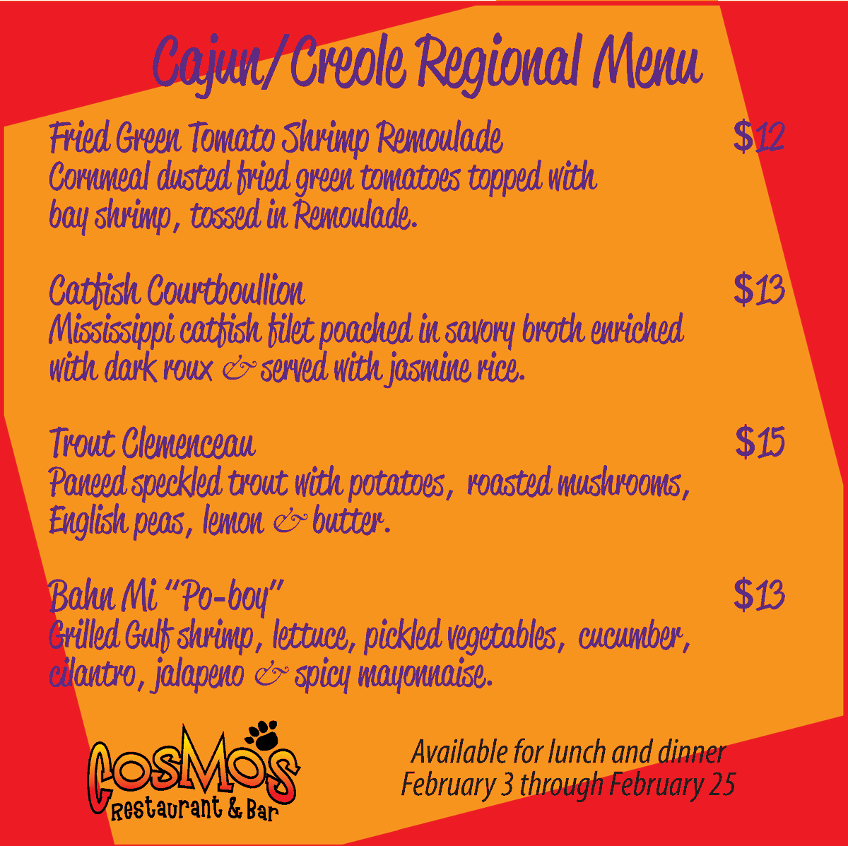 CosmosRestBar's tweet photo. This is the last weekend for our #Cajun/Creole #RegionalMenu as it end on Tuesday, February 25.  Still plenty of time to try them all! #orangebeachrestaurants #orangebeachdining #beachdining #coastaldining #coastalcuisine #cosmosrestaurantandbar #cosmosrestaurant #familydining https://t.co/WRnlnxHcVj