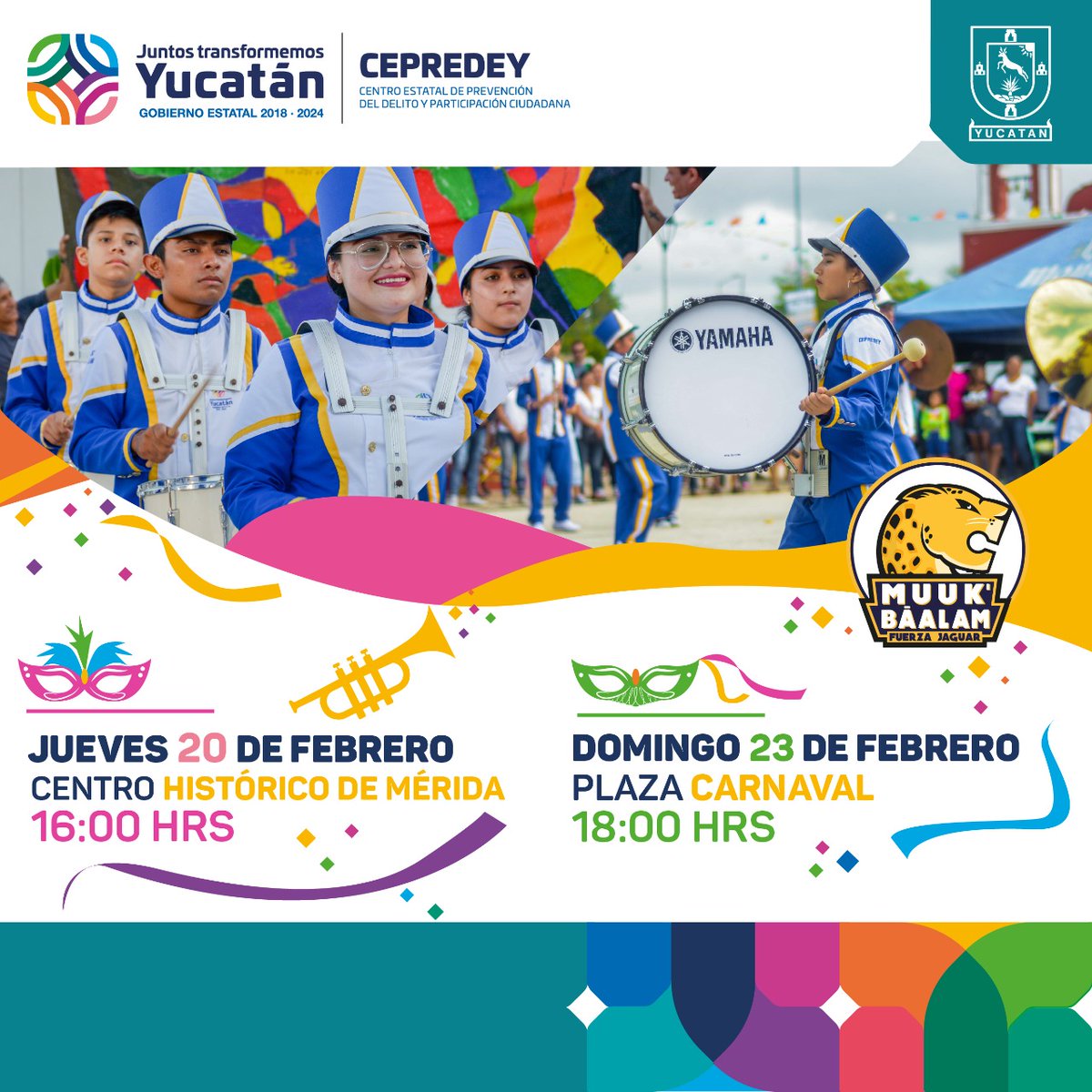 cepredey's tweet photo. Te invitamos a asistir a las próximas presentaciones de nuestra banda de marcha Muuk' Báalam 🥁, donde se estarán presentando el día jueves en el Centro Histórico y el domingo en Plaza Carnaval. ¡Te esperamos!
#Cepredey https://t.co/9zumRw9vHQ
