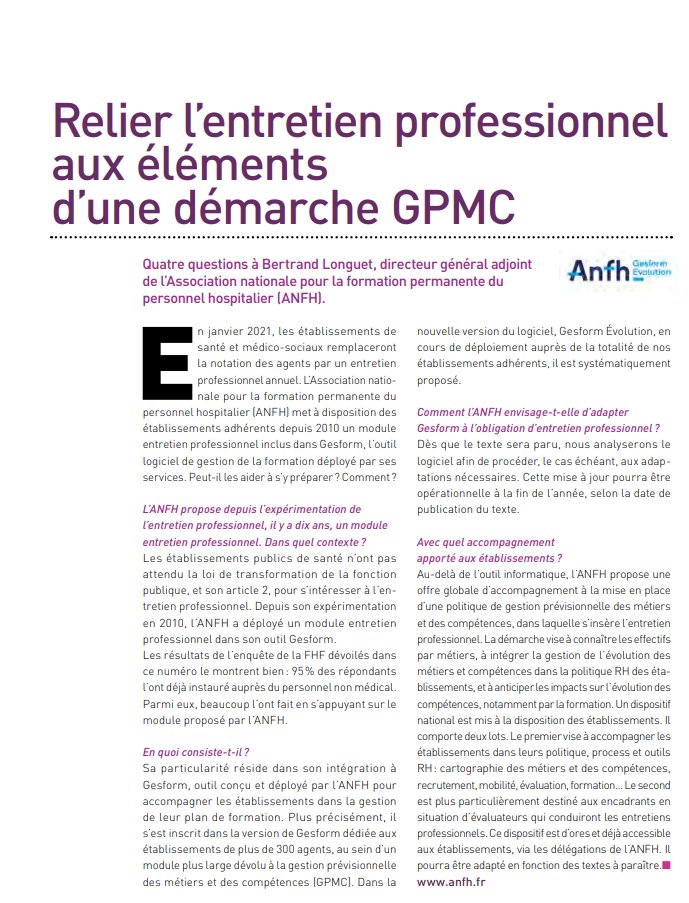 La Revue Hospitalière de France publie un interview de Bertrand Longuet, directeur général adjoint de l'#ANFH, sur le sujet " Relier l'entretien professionnel aux éléments d'une démarche #GPMC".