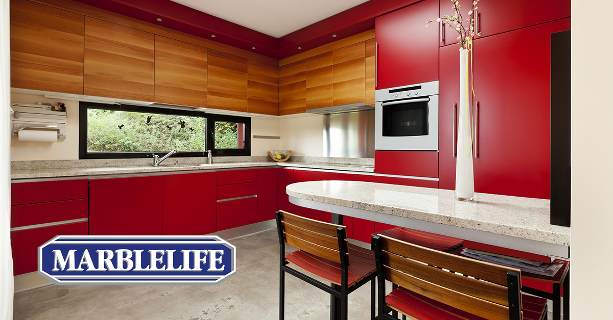 marblelife's tweet image. Instead of spending a fortune on a messy and time-consuming renovation, let the #MARBLELIFE pros redesign your existing tile and concrete surfaces. Check out our latest blog featuring a stunning #RedKitchen to learn how. bit.ly/2SDOg7H