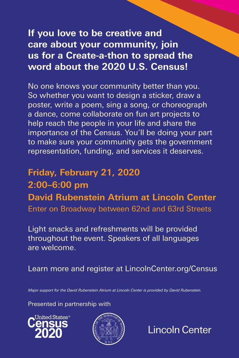 LCAtrium's tweet image. If you're a creative person, join @LincolnCenter in helping spread the word about @uscensusbureau #2020census this Friday! Collaborate on fun, accessible art projects to ensure the people in your lives are counted.

For more information visit lincolncenter.org/census
