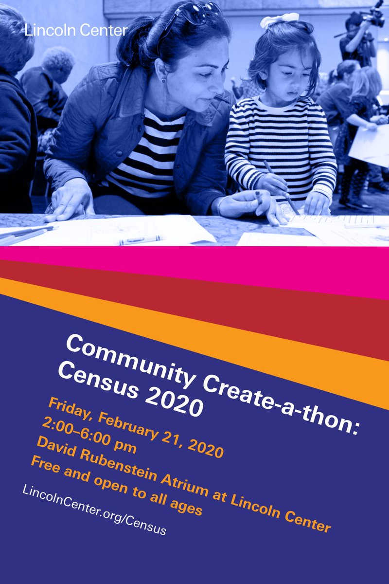 LCAtrium's tweet image. If you're a creative person, join @LincolnCenter in helping spread the word about @uscensusbureau #2020census this Friday! Collaborate on fun, accessible art projects to ensure the people in your lives are counted.

For more information visit lincolncenter.org/census