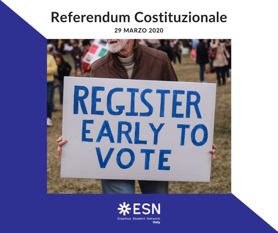 ESNITALIA's tweet photo. Il 29 marzo ci sarà il referendum costituzionale. Lo sapevi che se ti trovi in #Erasmus o all'estero per motivi di lavoro, studio o salute potrai votare da lì?
Tutte le info qui: https://t.co/1Qel42wmPr
#activecitizenship #ESNItaly #ESNItalia https://t.co/cQRShMqI1A