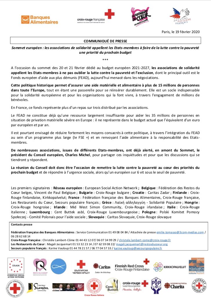 En France, plus d’un repas sur trois est distribué grâce à l’aide de l’Europe. Les associations de solidarité en France et en Europe appellent les États membres à faire de la lutte contre la pauvreté une priorité du prochain budget #FEAD #MFF #SommetEuropéen