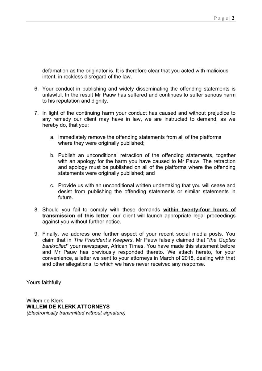 The lawyer's letter that my attorney sent to journalist Piet Rampedi a few minutes ago in reaction to him calling me a paedophile, liar and racist on Twitter.