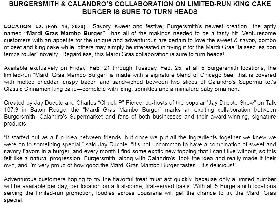 INBOX: <a href="/Burgersmith/">Burgersmith</a> &amp; <a href="/calandrosmkt/">Calandro's Supermarket</a> team up for a king cake burger ("Mardi Gras Mambo Burger"), available Friday-Tuesday at Burgersmith locations. <a href="/JayDucote/">Jay Ducote</a> is a co-creator of the burger.
