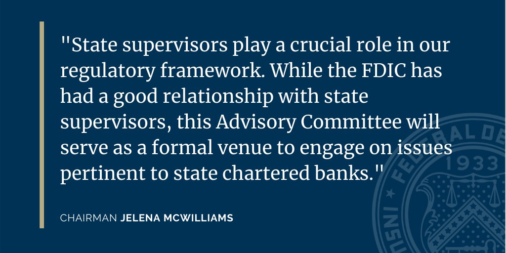 FDICgov's tweet photo. FDIC welcomes 15 members to its new Advisory Committee of State Regulators. This Committee will provide a forum for the FDIC and state regulators to discuss current and emerging issues and their implications for state-chartered banks. https://t.co/dx8l5JiNcR https://t.co/lAUdD4X2uX