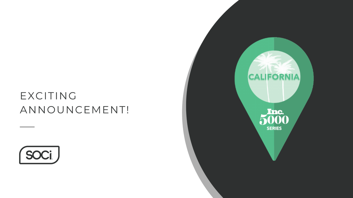 soci_ai's tweet photo. .@Inc.'s inaugural ranking of the most successful companies in California just released, and SOCi is #71! Our team is continuing to crush it.

See the #Inc5000Series: California list of top companies here: https://t.co/ev8Sjp6UbH
#goals #crushingit #goteam https://t.co/N1Jf04pJHY