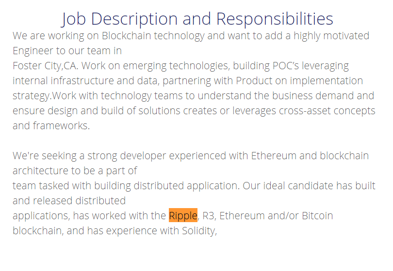 BankXRP's tweet photo. Visa is hiring a Technology and Operations 
Sr. Software Engineer

The ideal candidate has built and released distributed
applications, has worked with the 🌐Ripple, R3, Ethereum and/or Bitcoin blockchain, and has experience with Solidity,

https://t.co/ioggnNk37O https://t.co/Hkomhkt6MT