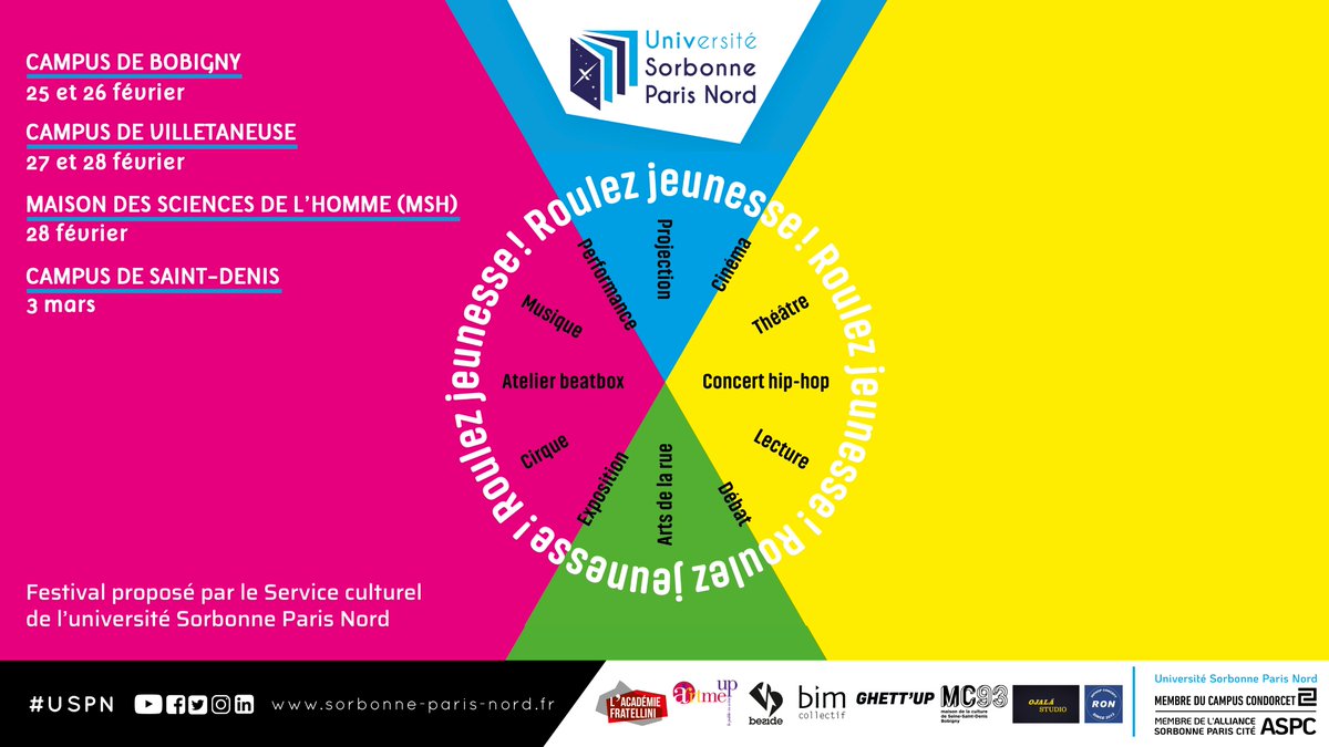 #Festival #Culture
Avec Roulez Jeunesse ! le Service culturel de l’<a href="/univ_spn/">Université Sorbonne Paris Nord</a> fait la part belle à la jeune création 🤩
🗓 Du 25 février au 2 mars, sur les campus de Villetaneuse, Bobigny et Saint-Denis #USPN
Découvrez la programmation ⤵
sorbonne-paris-nord.fr/event/festival…