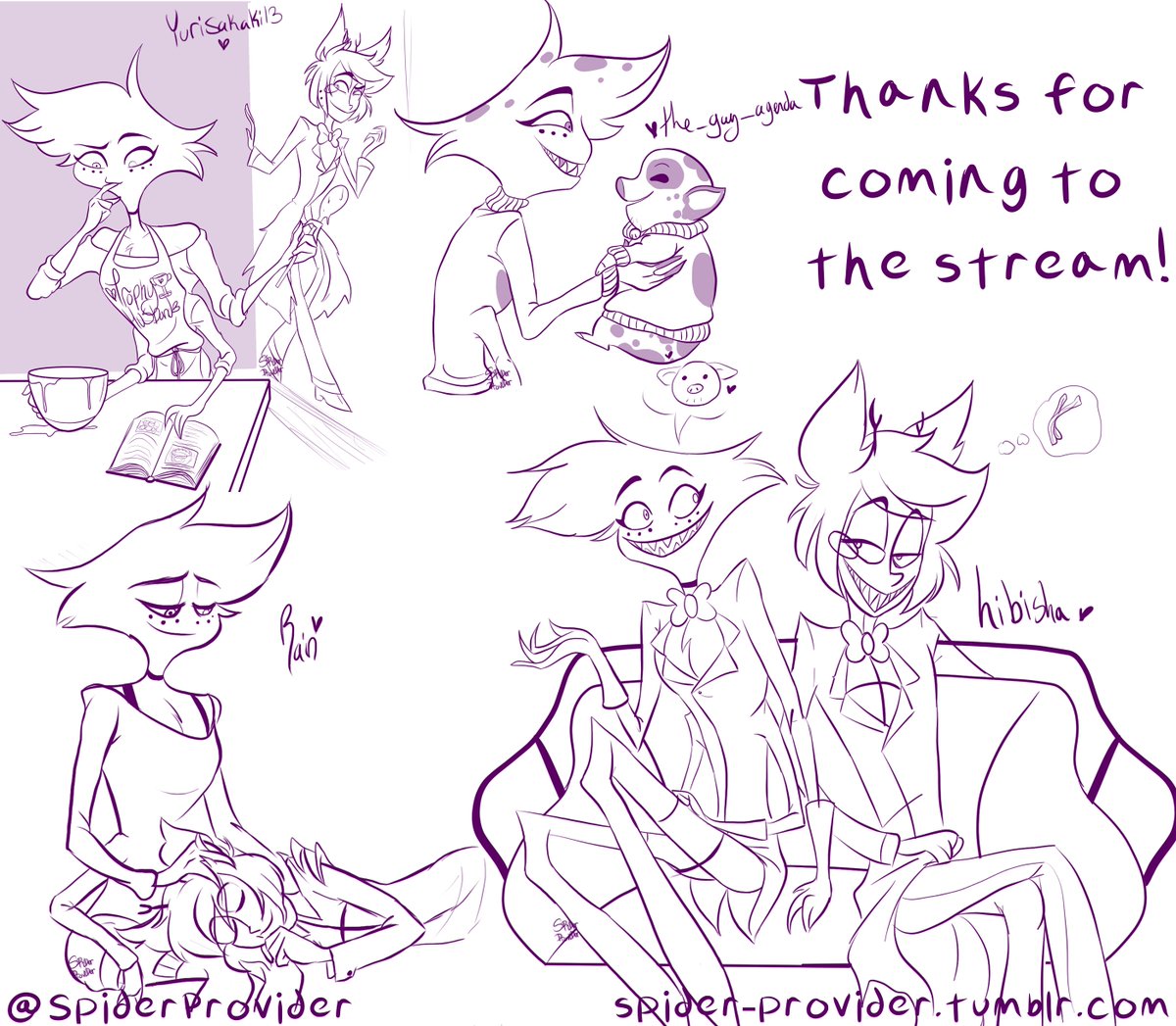 SpiderProvider's tweet image. here are the requests I was able to get done in yesterday's stream! thank you all for coming and i'm sorry i couldn't do more. i'll stream again soon and work my way down the list so please stay tuned! #HazbinHotel #HazbinHotelFanart #radiodust #AngelDust #Alastor